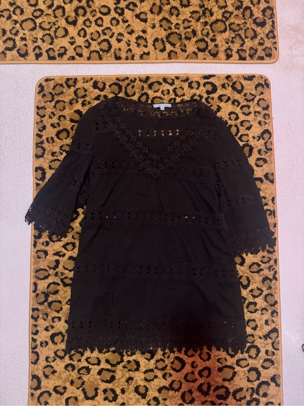 ANTONIO MELANI Black Lace-Trim Long Sleeve Tunic Cover up Dress